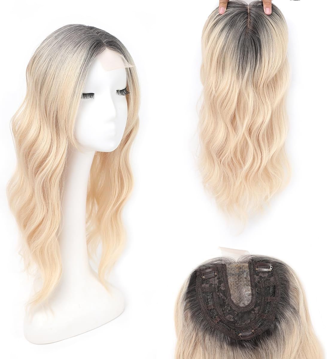 Lumhun 16Inch Hair Toppers for Women with Thinning Hair, Heat Resistant Fibre Synthetic 6.5" x 6.5" Base, Curly Wavy Topper for Women (Ombre Blonde with Dark Root to Blonde, 16inch)