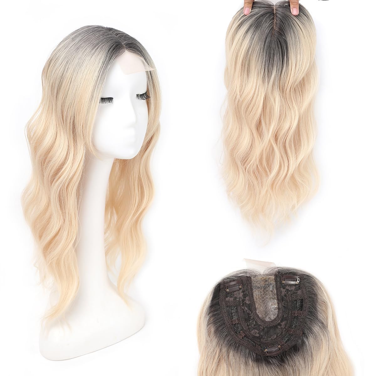 Lumhun 16Inch Hair Toppers for Women with Thinning Hair, Heat Resistant Fibre Synthetic 6.5" x 6.5" Base, Curly Wavy Topper for Women (Ombre Blonde with Dark Root to Blonde, 16inch)