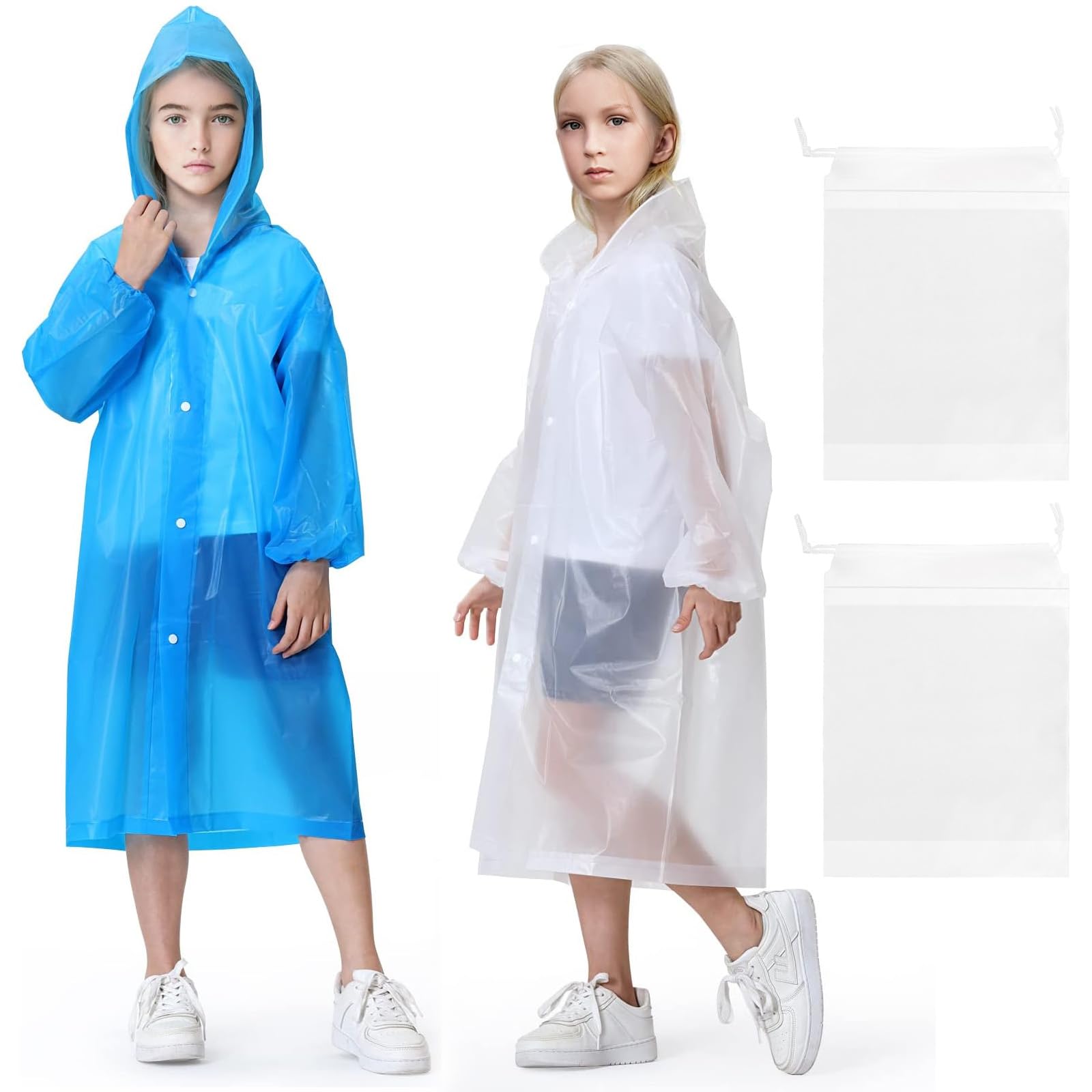 2Pcs Chubasquero Transparente de Niños Reutilizable, Capa Impermeable de Niños Portátil, Poncho de Lluvia de Goma EVA de Niños con 2 Bolsas con Cordón para Niños y Niñas de 5 a 12 años