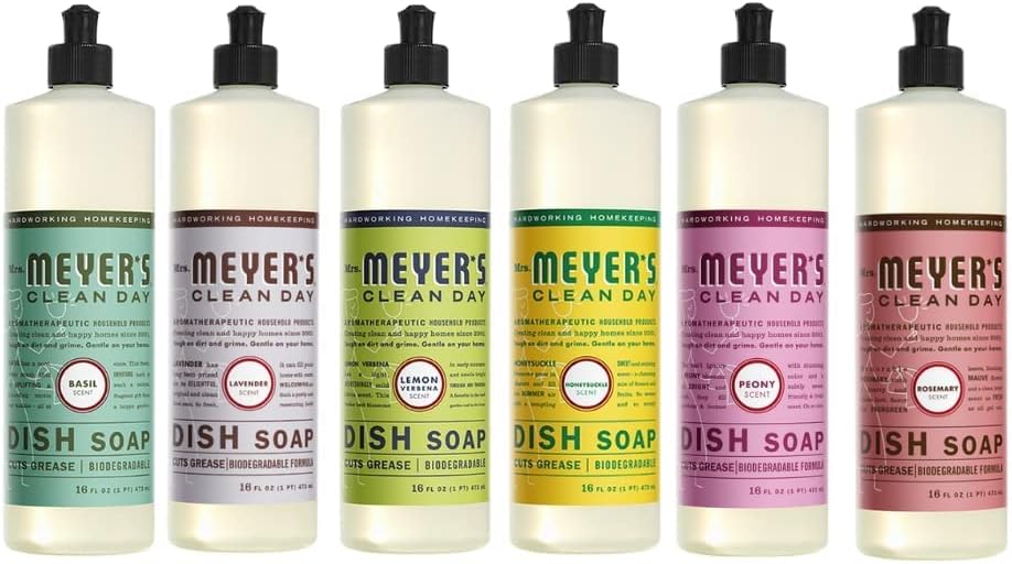 Mrs. MEYER'S Liquid Dish Soap 6 Scent Bundle, 1 Lemon Verbena, 1 Lavender, 1 Basil, 1 Honeysuckle, 1 Peony, 1 Rosemary, 16 FL OZ Each (Variety Pack)
