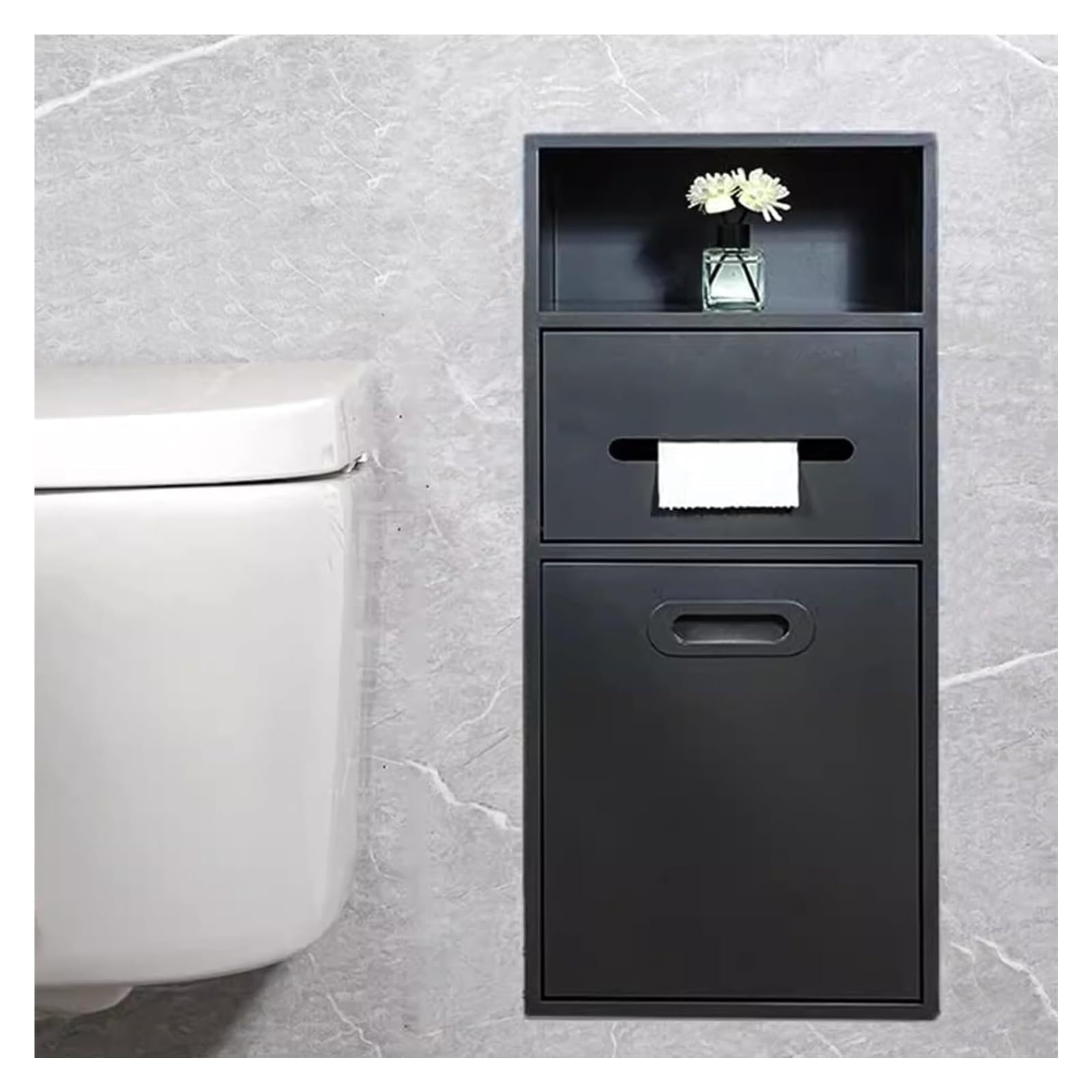 Flush-Mounted Toilet Paper Holder， Stainless Steel Niche With TP Holder And Trash Can(Black,11.8x26x5.5in)