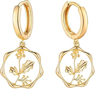 Gold Dainty Birth Flower Earrings 14K Gold Plated Floral Huggie Hoop Ear...