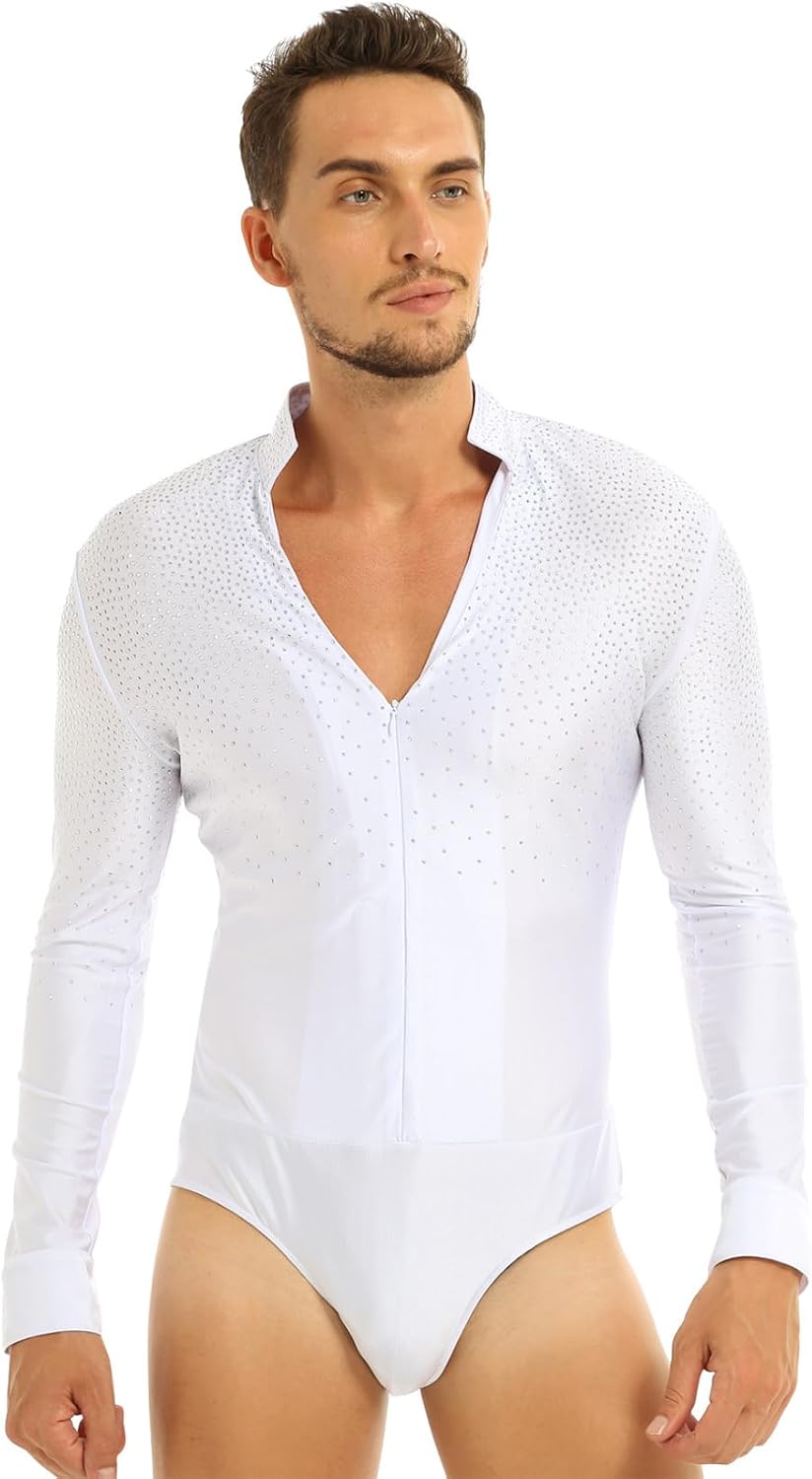 Men's Shiny Rhinestones V-Neck Stand Collar Long Sleeve Ballroom Latin Dance Shirt Top