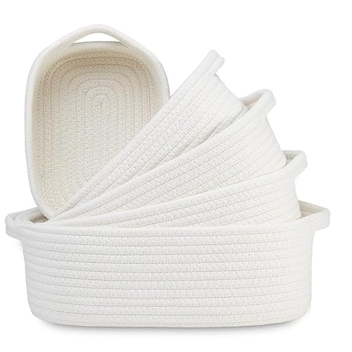 5-Piece Rectangle Storage Basket Set- Natural Cotton Rope Woven Baskets for Organizing! Small Basket for Montessori, Baby Nursery, Dog Toy Baskets, Cat Toy Box, Bathroom Organization Bin