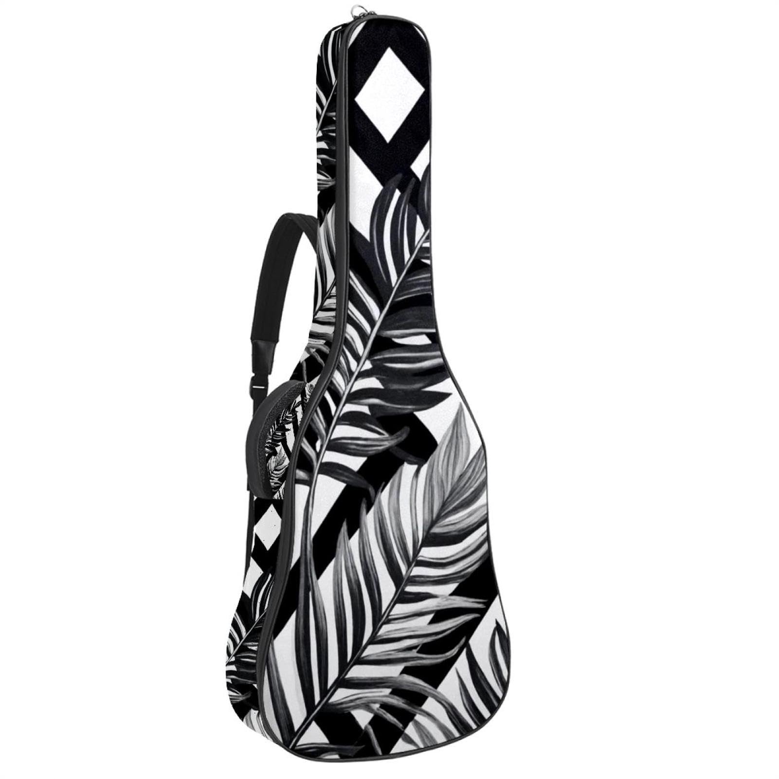 Art Sac pour guitare acoustique avec bandoulière réglable et crochet arrière, convient pour guitares électriques, basses, guitares classiques, ukulélé, noir et blanc 106,7 cm, Art Noir Blanc Feuilles