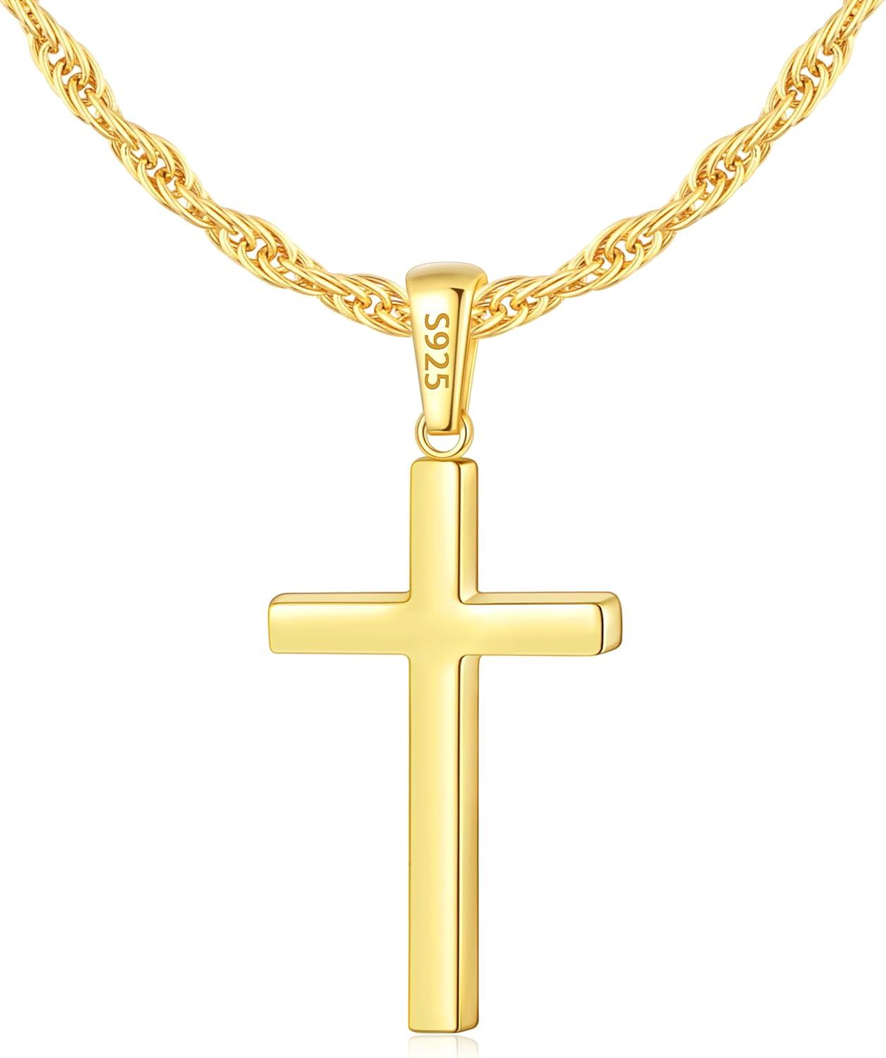 Eterjew 925 Sterling Silver Cross Necklace for Men, 18k Gold Plated Sterling Silver Cross Necklace with 2.5mm Top Craftsmanship Rope Chain for Men Boys Women, Sturdy Shiny Non Tarnish 16-26 Inch