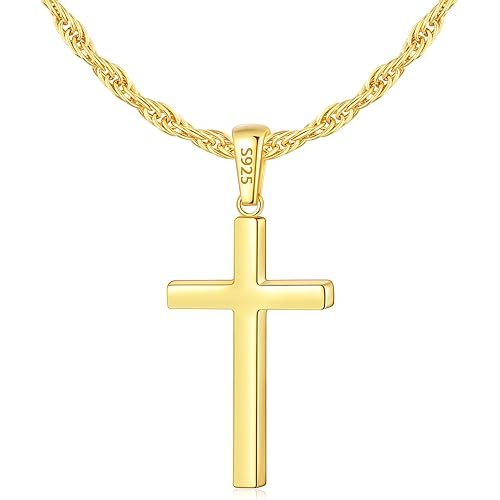 925 Sterling Silver or 18k Gold Plated Cross Necklace for Men Women, Thick Cross Pendant Necklace with 2.5mm Rope Chain for, Sturdy, Not Easy to Fade, Hypoallergenic, 16-26 Inches