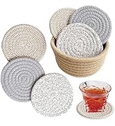 Valdivia Boho Drink Coasters with Storage Basket, Handmade Woven Cotton Absorbent Coaster Set, Mi...