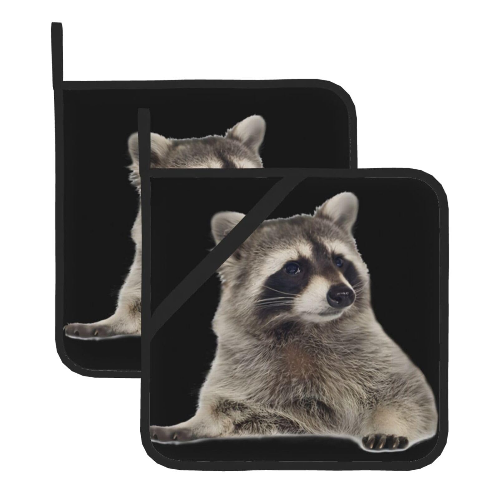 YYHWHJDE Hairy raccoon Prints Square Hot Pads for Kitchen Counter - Waterproof Pot Holders with Hanging Loop, Durable Trivets for Microwave Oven - 2 Pack