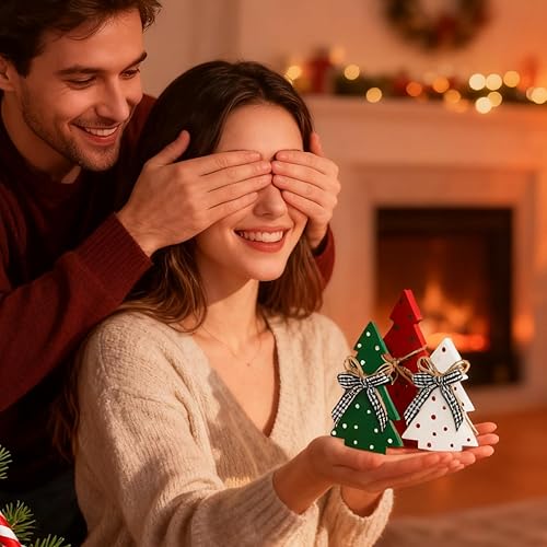 Miniatura 4 de Juego de Decoración de Bandeja Escalonada de Navidad - 3 Piezas Diseño de Árbol de Navidad de Madera Rústica con Elementos de Lunares Centros de