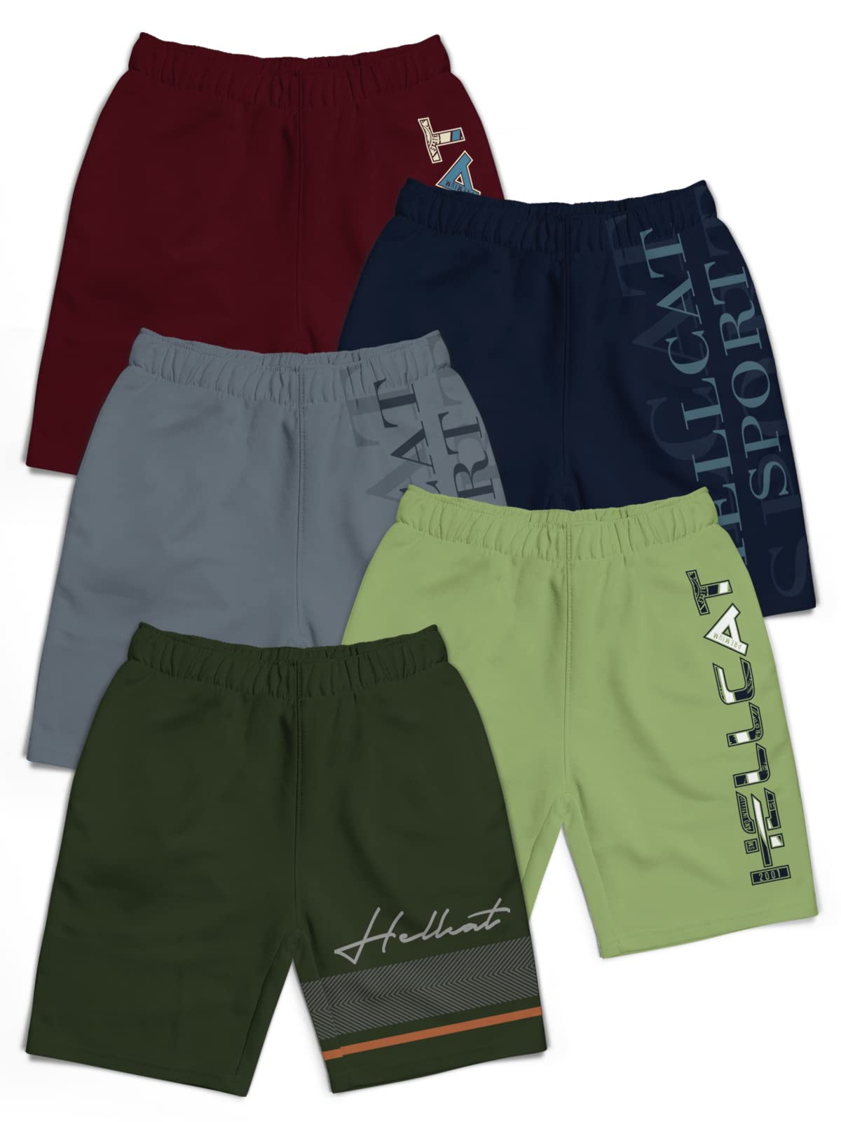 HELLCAT Pack of 5 Trendy Typographic Printed Mid Rise Shorts for Boys