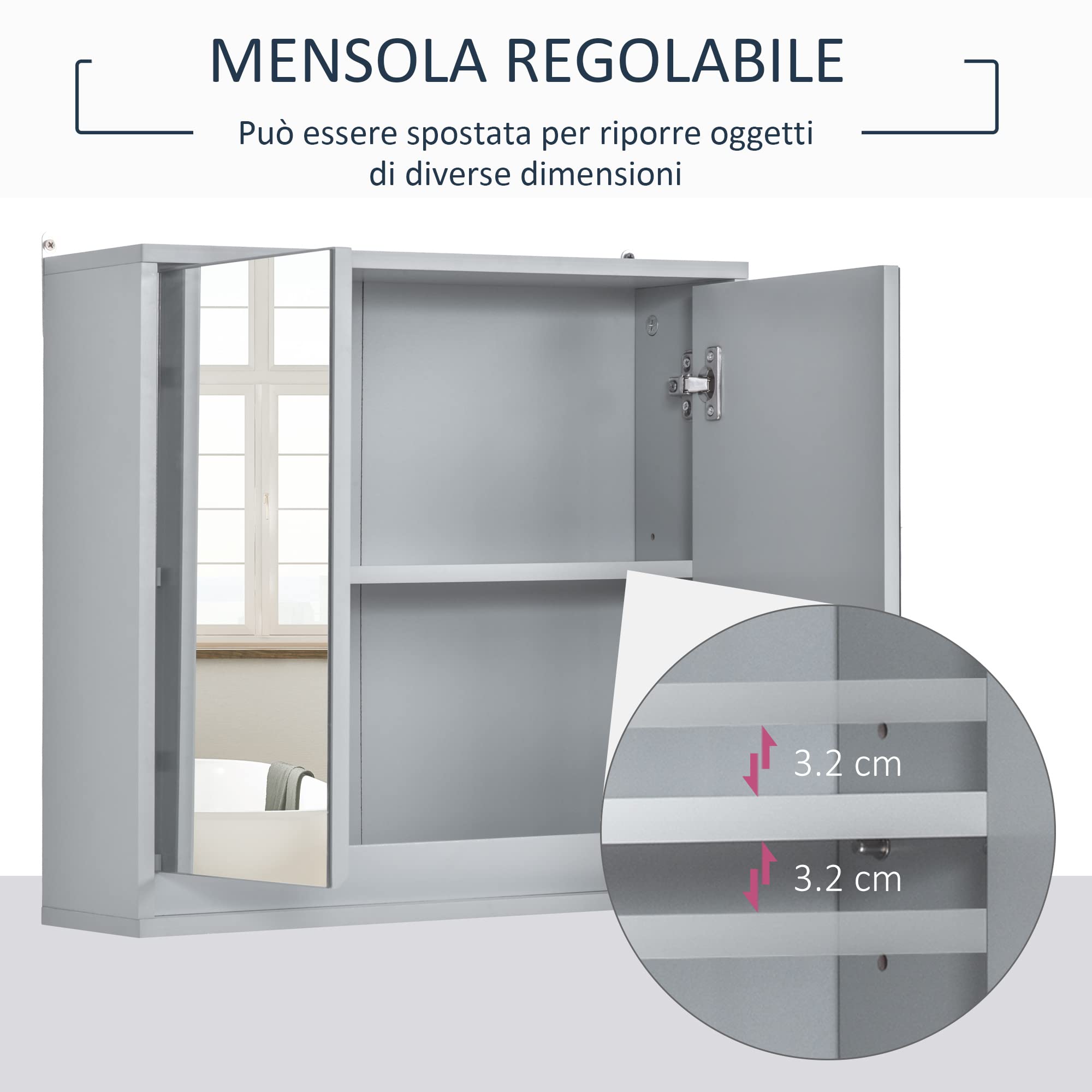 HOMCOM Armadietto Bagno con Specchio a 2 Ante, Specchio Bagno Contenitore con Ripiano Regolabile in Legno, 48x14.5x45cm, Grigio