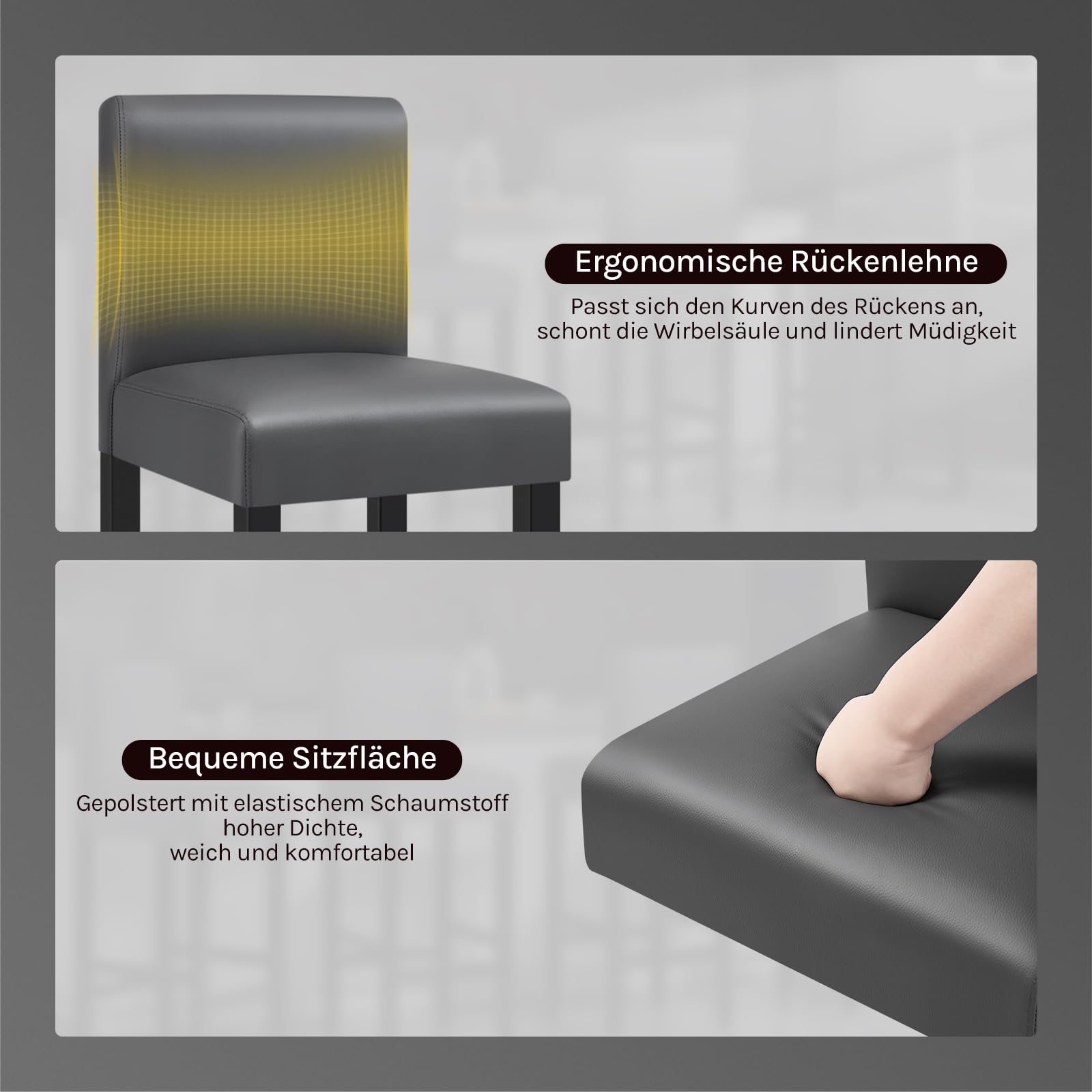 WOLTU Barhocker 2er Set, mit Lehne, Massivholz+Kunstleder, Grau
