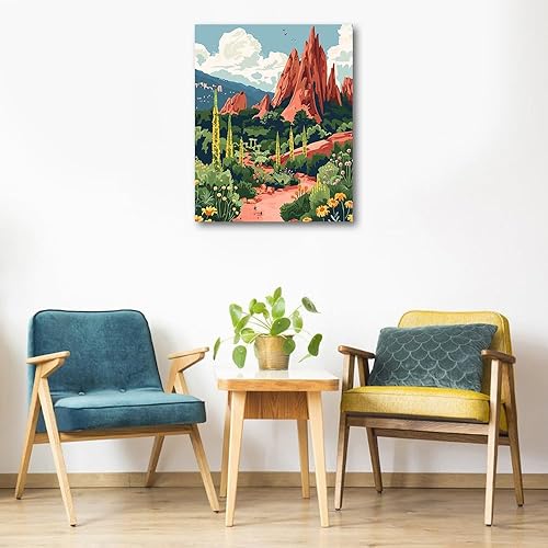 Miniatura 2 de Pintura de jardines de acuarela por números, póster de montaña, kit de pintura por números para adultos, arte retro, pintura por números, para