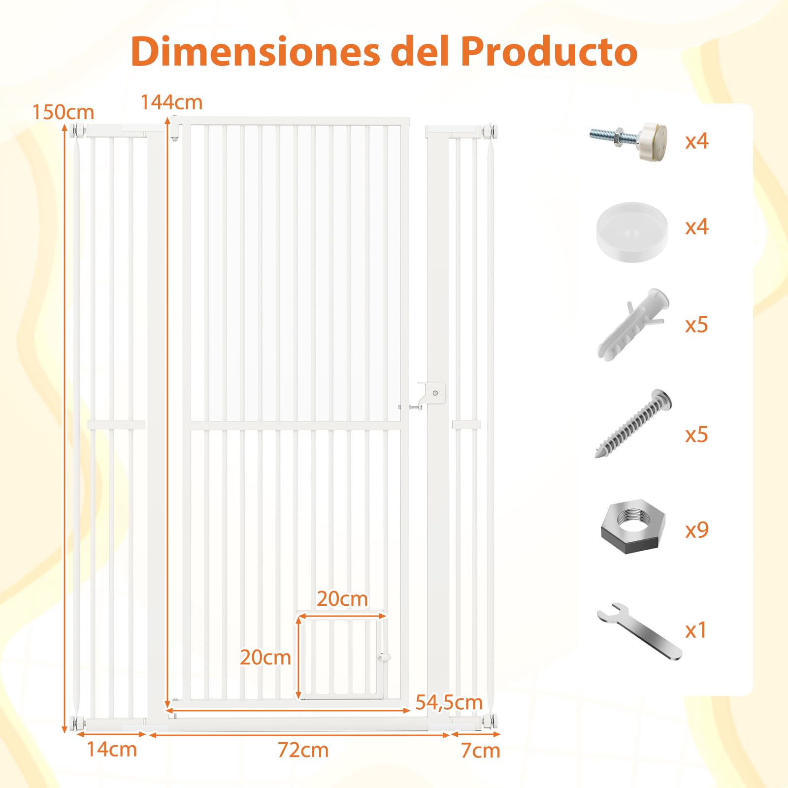 GOPLUS Barrera de Seguridad de Mascotas de Metal Ajustable, Puerta Extra Alta de 150 cm para Gatos con Ancho Ajustable de 77-104 cm, 2 Kits de Extensión, Diseño Bloqueable, Barrera para Perros