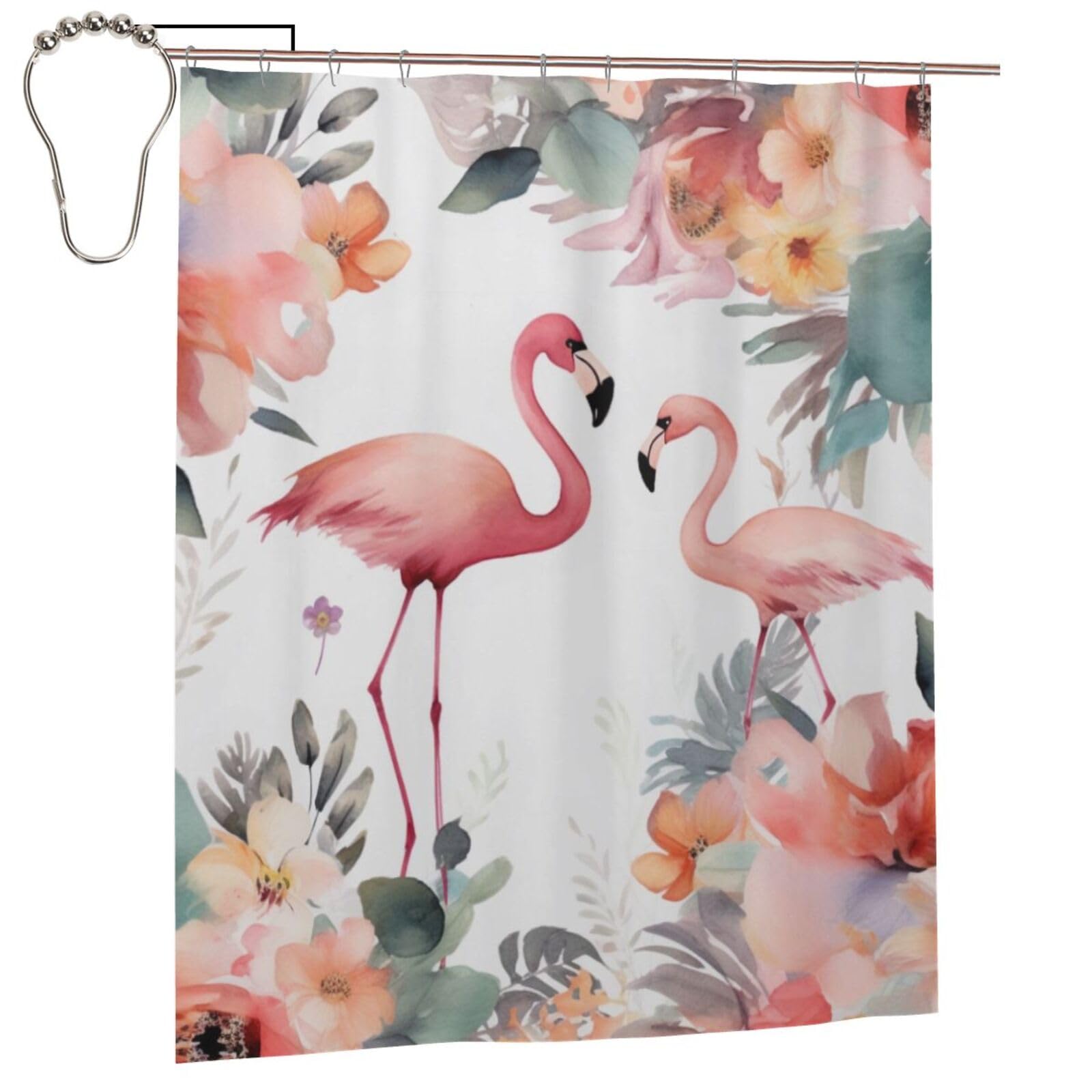 BWWHCCTI Floral with Flamingo Printed Shower Curtain With 12 Iron Hooks Opaque Quick Drying Waterproof Shower Curtains Sets For Bathroom 152x183 Cm