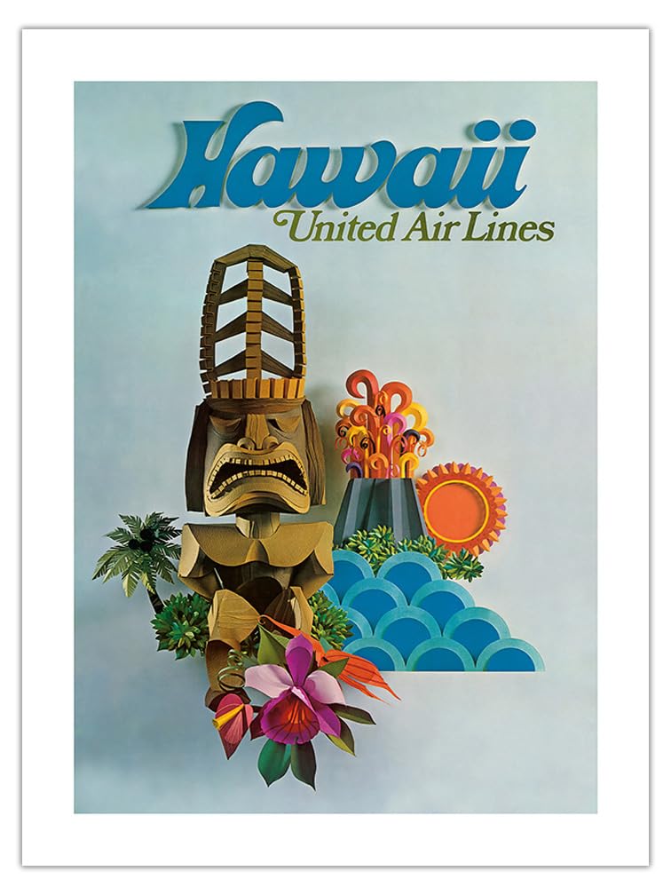 Hawaii - United Air Lines - Tiki - Vintage Airline Travel Poster c.1971 - Bamboo Fine Art 290gsm Paper Print (Unframed) 18x24in