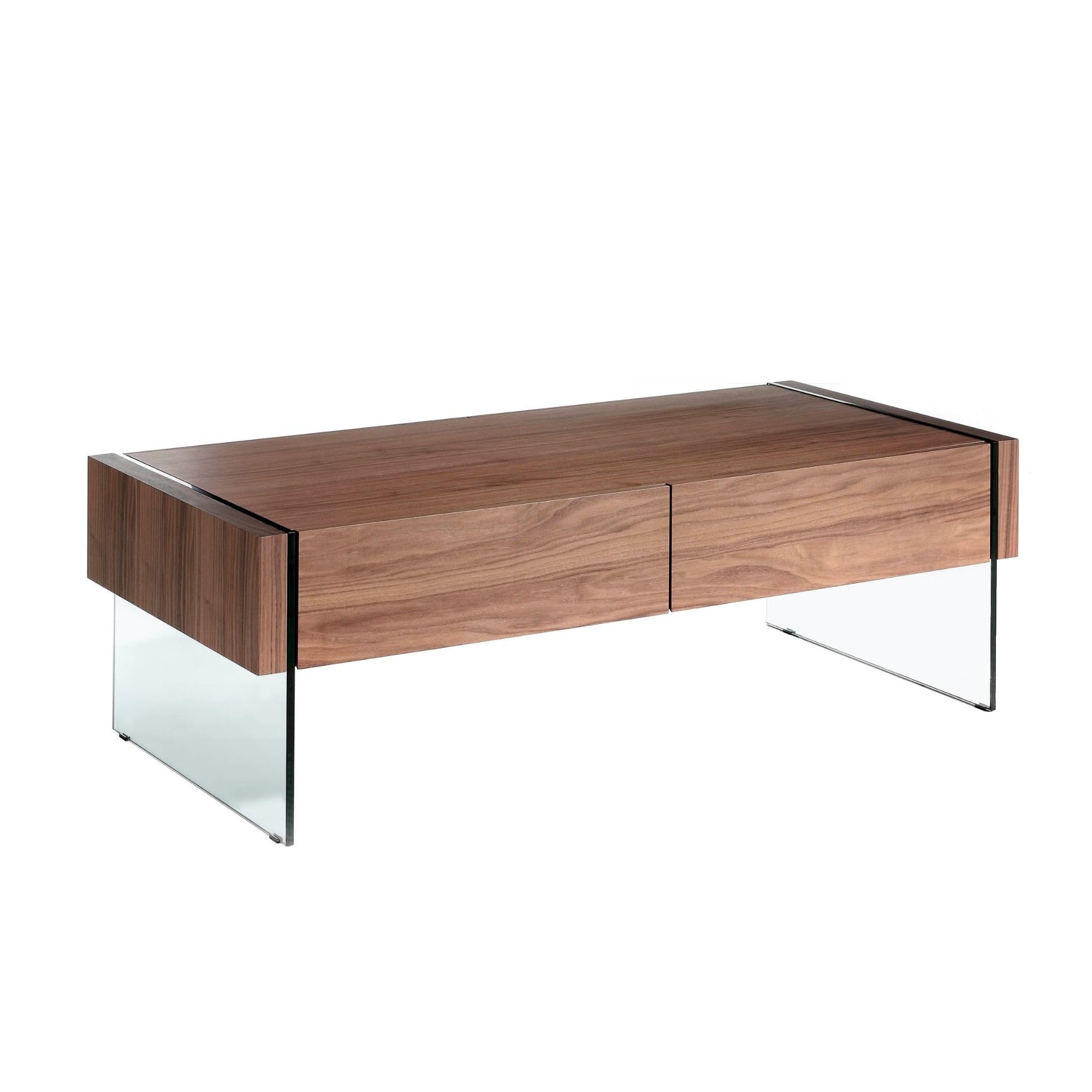 Angel Cerdá – Mesa Centro Diseño con Laterales de Cristal y Tapa de Nogal | Mesa de Centro Rectangular con Almacenaje | Patas de Cristal | Ideal para Salón | 127 x 59 x 41 cm