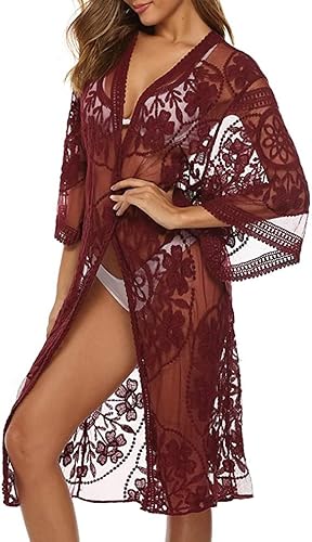 Romanstii Women's Lace Cardigan Floral Crochet Sheer Beach Cover Ups Long Kimono (Wine Red, One size) - Image 2