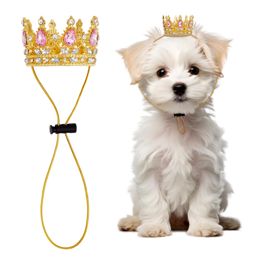 OLYCRAFT Pet Rhinestone King Crown Pink Rhinestone Dog Crown with Adjustable Strap Party Costume Accessories Golden Queen Crowns for Small Dog Cats Weddings Birthday Cosplay Party Photos Prop