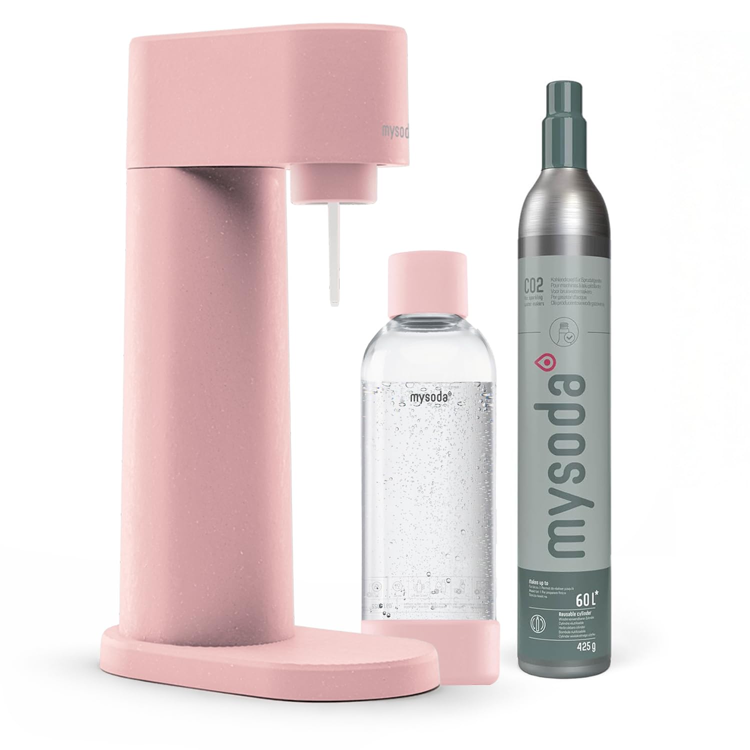 Mysoda: Woody Set - Wassersprudler aus erneuerbarem Holzkomposit Material mit 1L Quick-Lock BPA-frei Plastikflasche und CO2-Zylinder - Pink