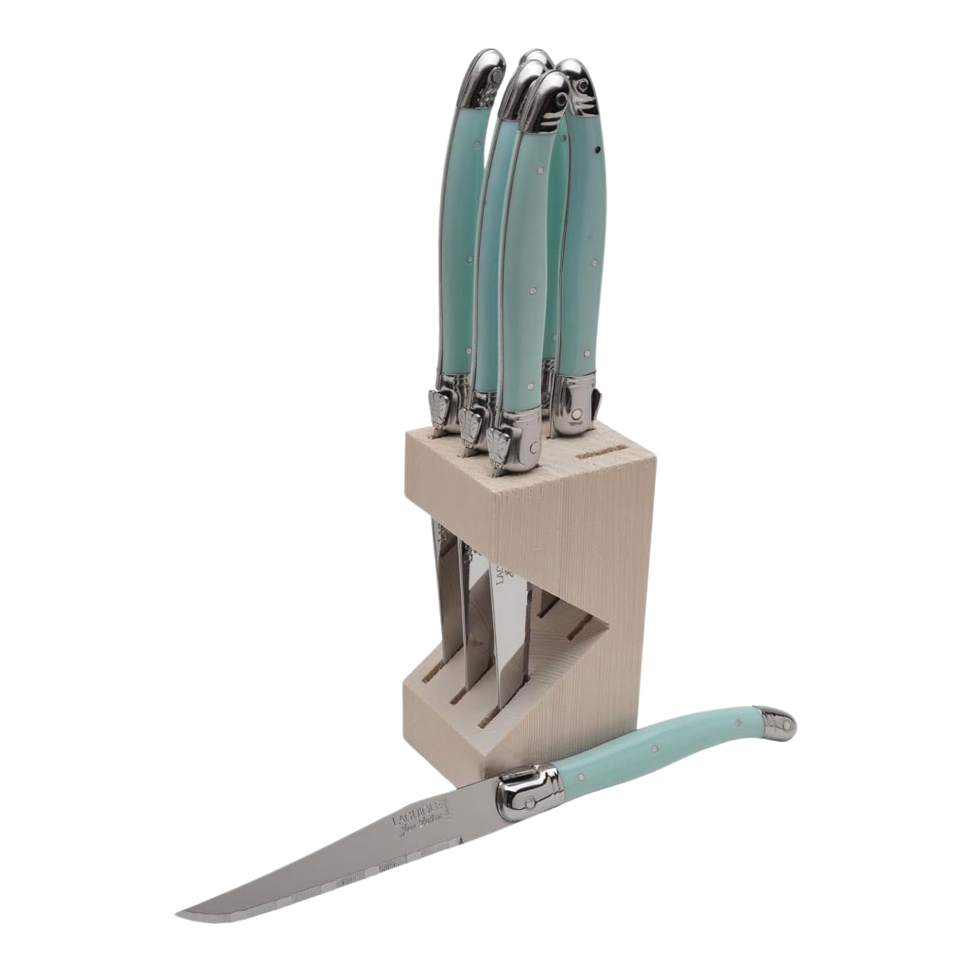 Jean Dubost JD5-12402.TQ 6 Steak Knives In Wooden Block, Turquoise