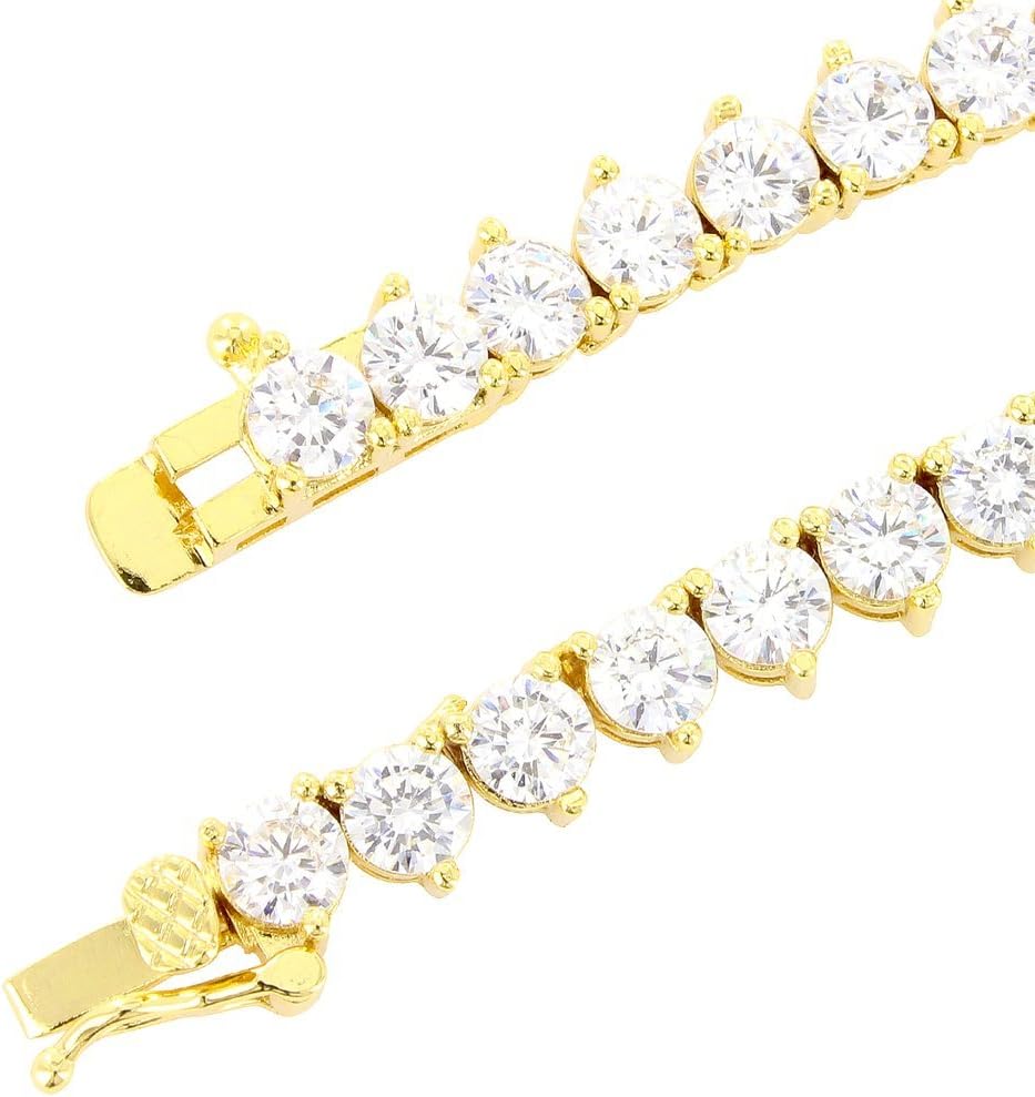 Unisex 1 Row 14K Gold Finish Lab Created Diamonds 4MM Thick 3 Prong Stone Tennis Necklace Chain 16-24 Inches Bracelet 6.5-8.5 Inches Iced Out Solitaires