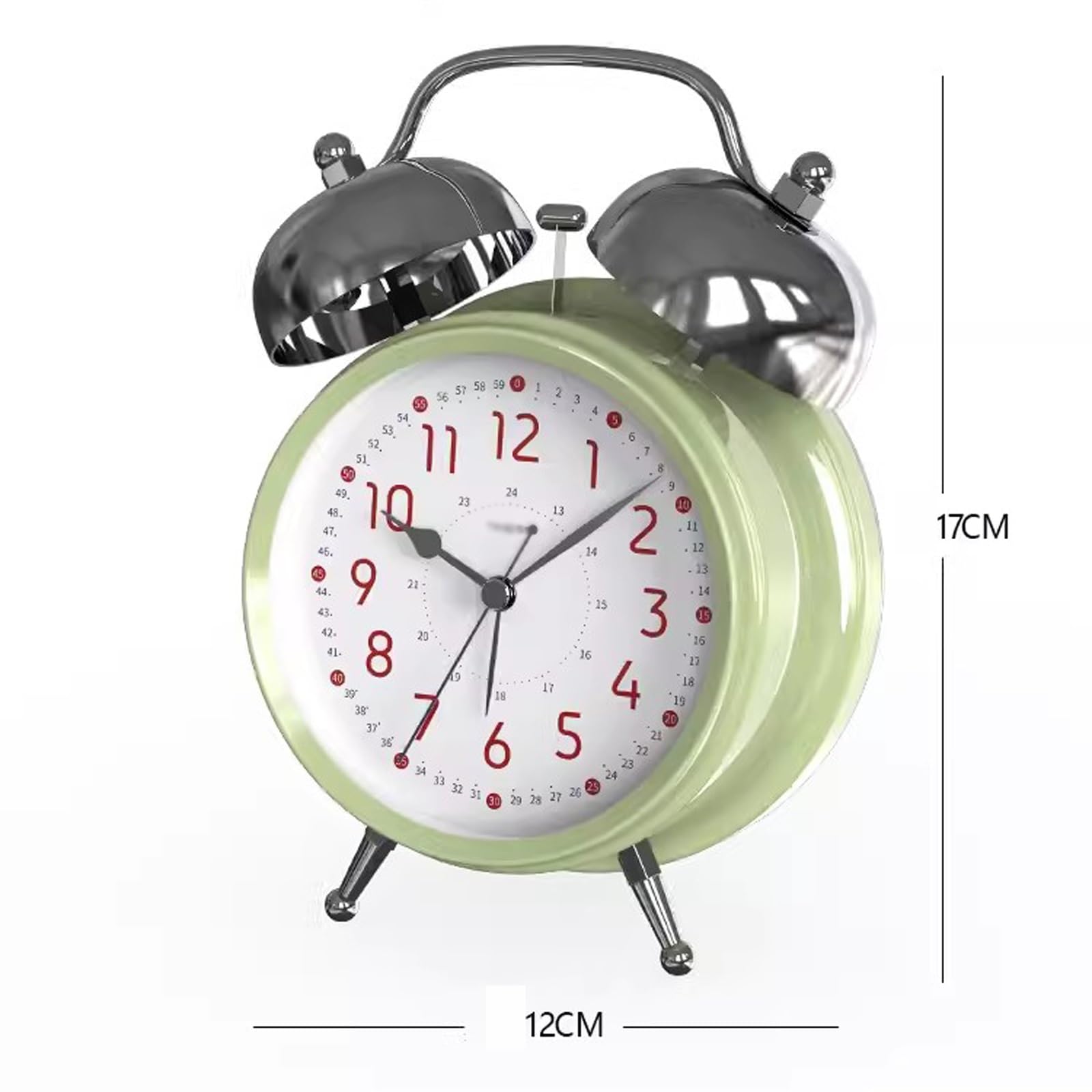 Schreibtischuhr, Kinderwecker, Doppelglockenuhr, batteriebetrieben, analog, rund, für den Schreibtisch am Bett, mit Nachtlicht, Wecker für Schlafzimmer, Grün