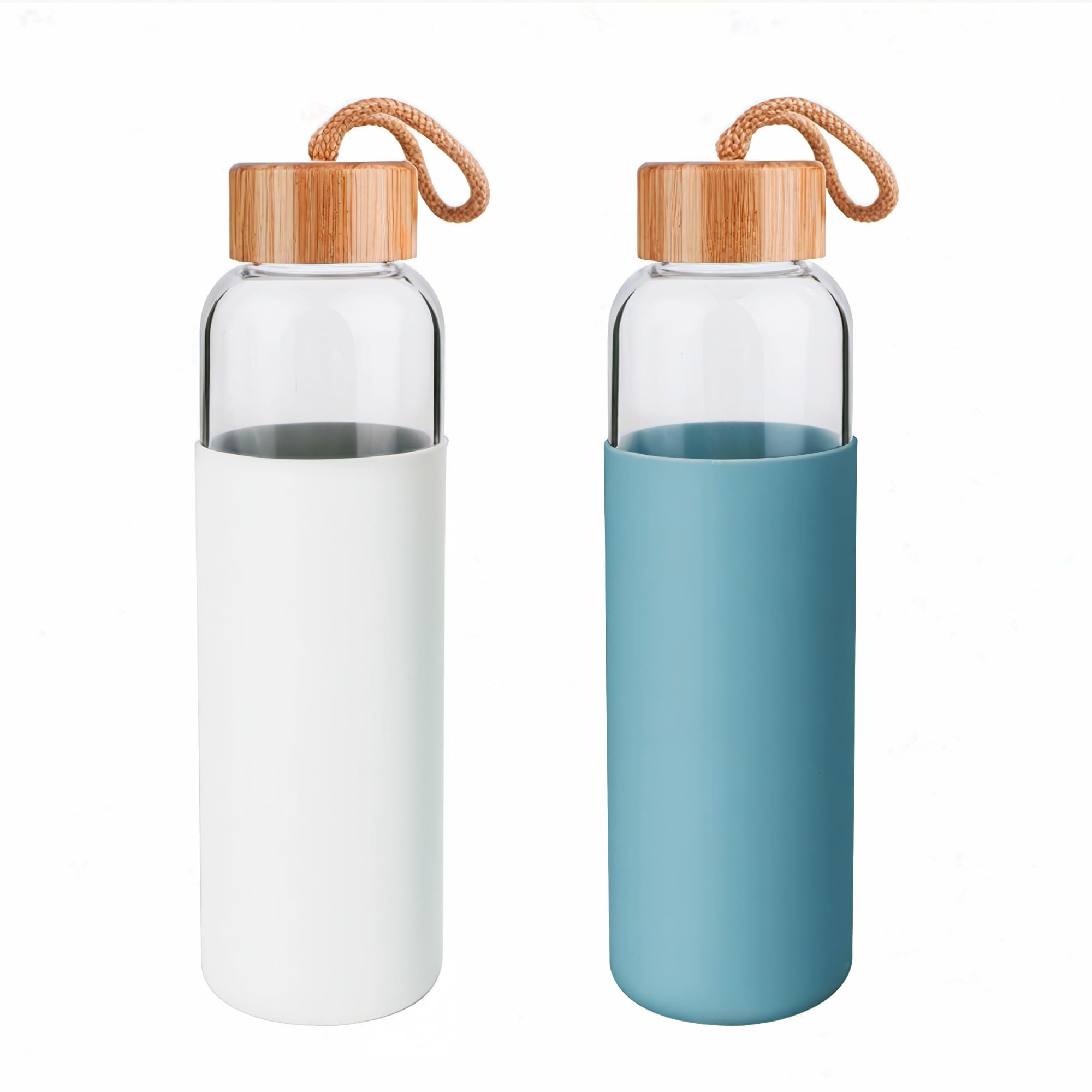Borosilicate Glass Water Bottles Set of 2 - Glass Water Bottle Set. (18 oz) Glass Bottles with Lids (Bamboo, Leakproof Seal), BPA Free, Silicone Sleeves to Avoid Drops & Bumps