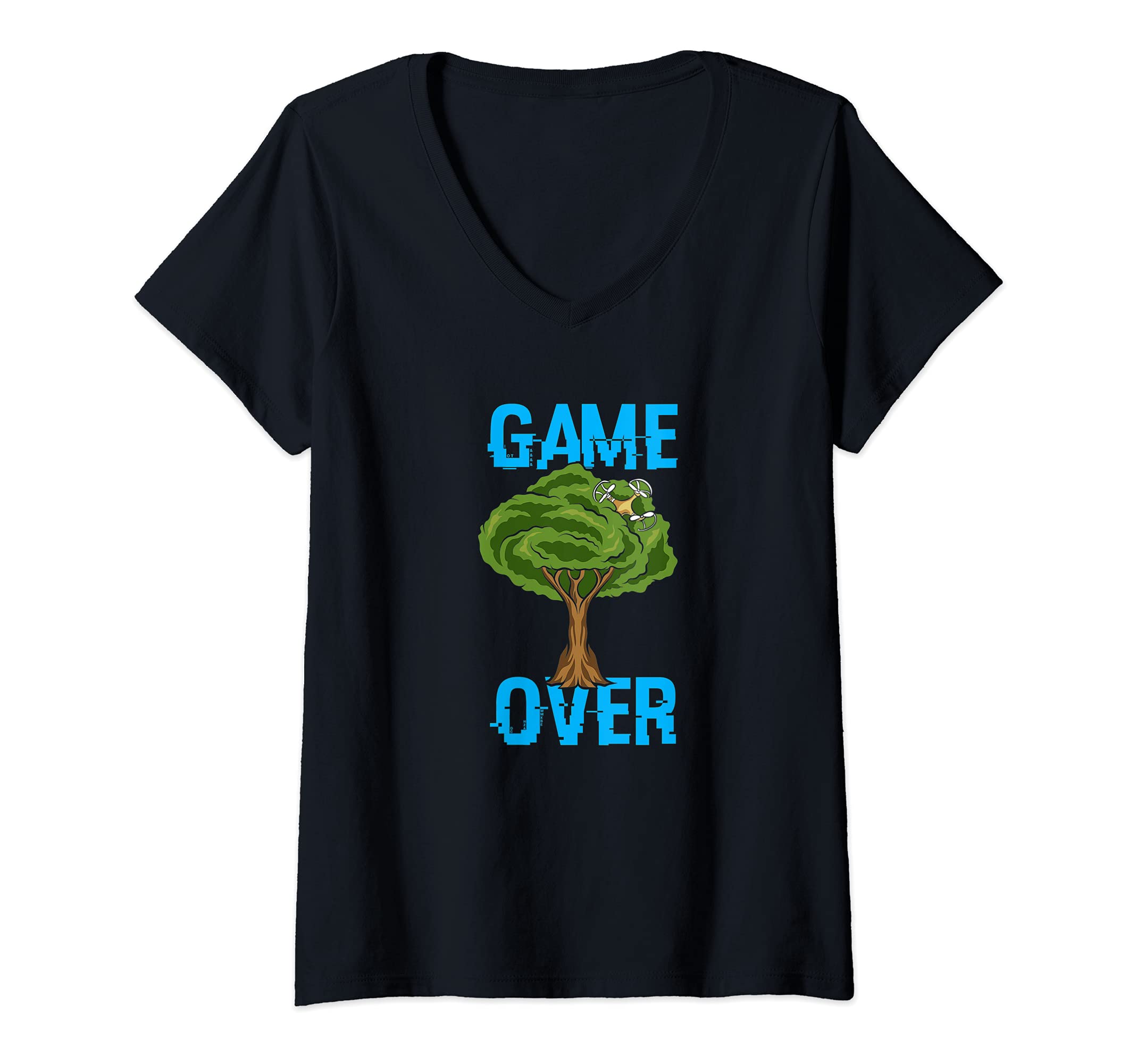 Womens Game Over - Drone stuck in a tree - Funny Drone Pilot V-Neck T-Shirt