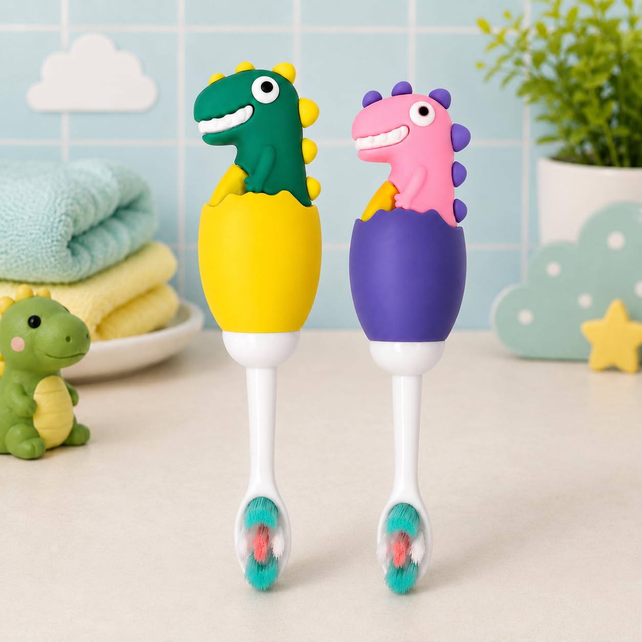 tinsy kids dinosaur toothbrush set with 2 individual travel cases | ultra soft bristles for toddlers & kids | bpa-free, gentle on sensitive gums, easy-grip handle (sunshine yellow & lavender purple, pack of 2)