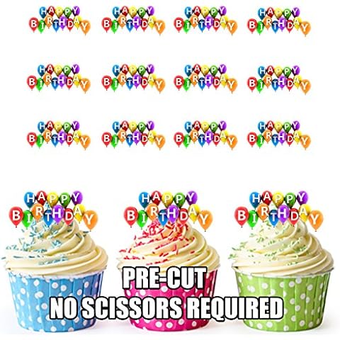 Colourful Balloon Happy Birthday Cake Decorations - 12 Edible Wafer Cup Cake Toppers Cover