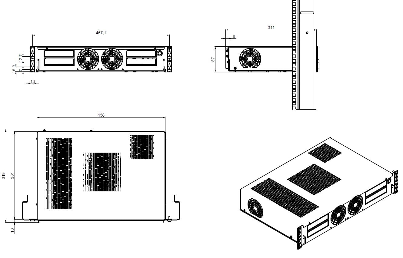 R-CASE 4 - RACK RAL case 19 pulgadas, tamaño 2U, ATX o mATX + GPU, recubrimiento en polvo, FAN 80x80