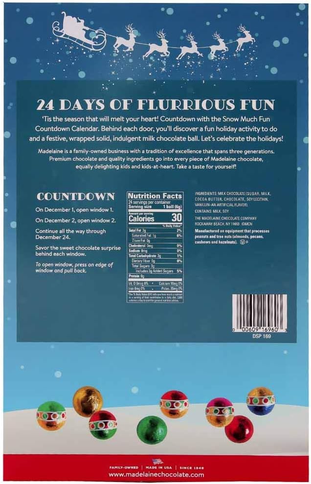 Madelaine Chocolate Snow Much Fun Christmas Countdown Advent Calendar, Filled With (4.5oz - 128g) 24 Christmas Themed Solid Premium Milk Chocolate Balls (1 Pack)