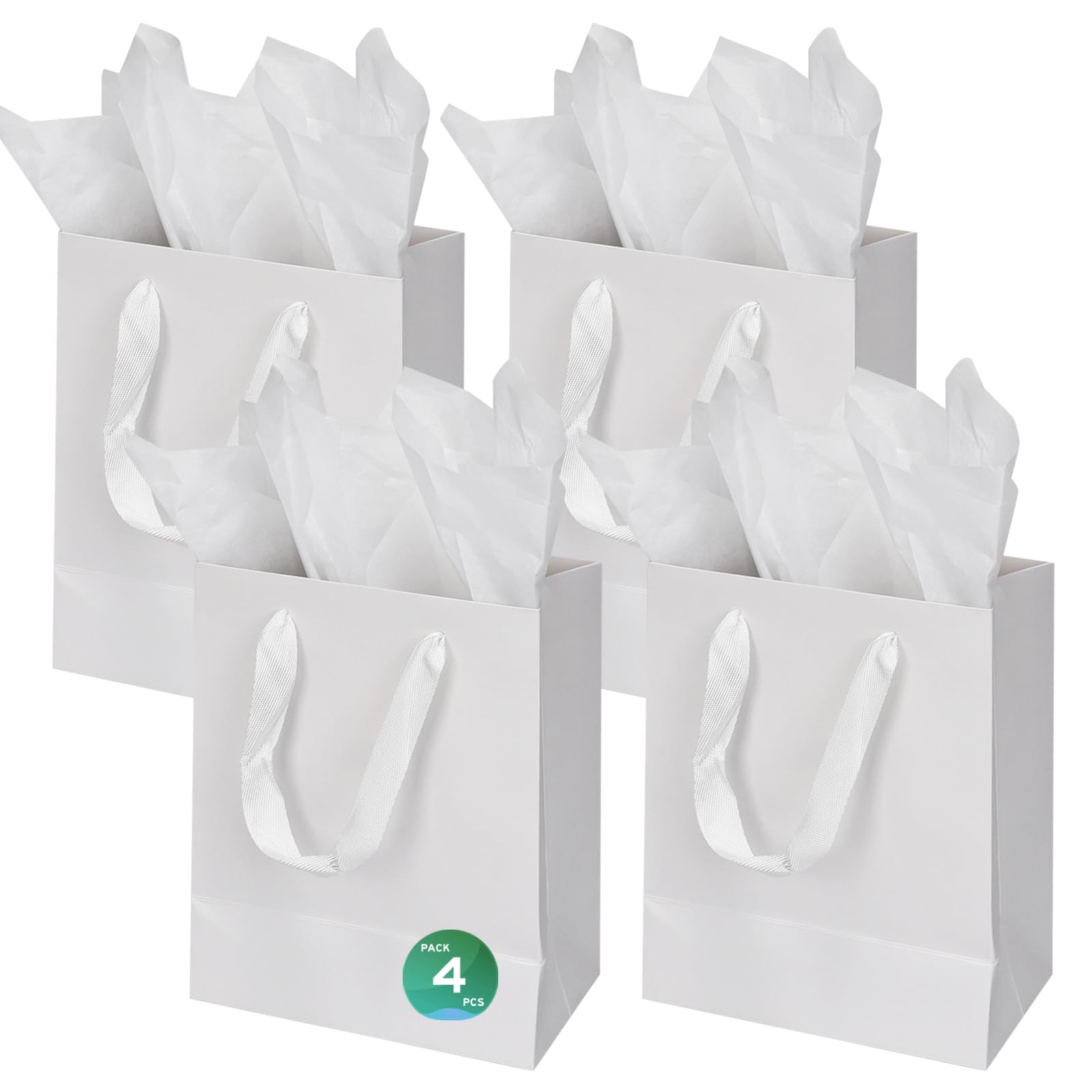 Papertide 4 Pack Small White Gift Bags 17.8x10.2x22.9cm with Tissue Paper, Reusable Mini Gift Bags for wine, Candles, Cosmetics, Birthday, Party Favors, Thank You Gifts