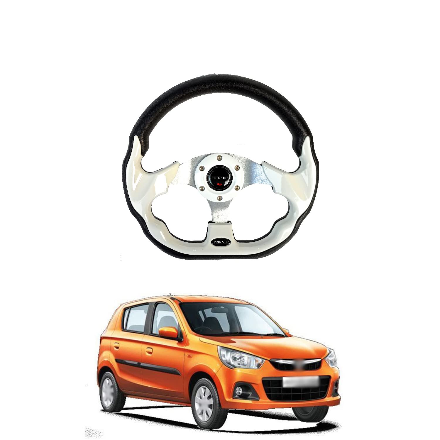 PRIKNIK Steering Wheel Sports Car Look Racing/Golf Cart Rally Off Roading B-olts Grip Vinyl Leather & Aluminum with Horn Button Compatible with A-lto K10-image-22