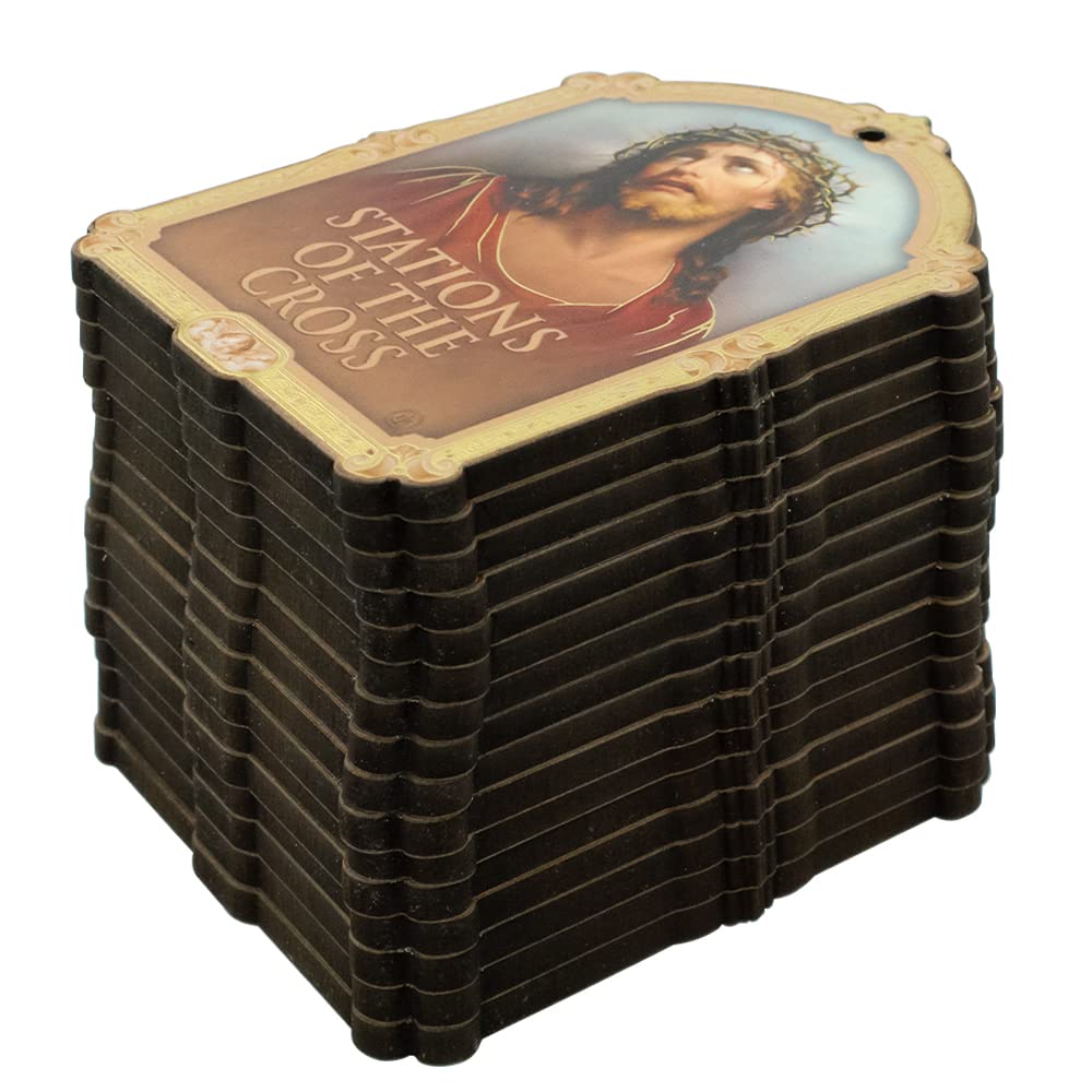 Placas de estaciones de la cruz | 9,5 cm de alto | Decoración y devocional de Lenton | Aulas cristianas católicas, hogar e iglesia | Incluye 16 placas que representan la crucifixión y resurrección de