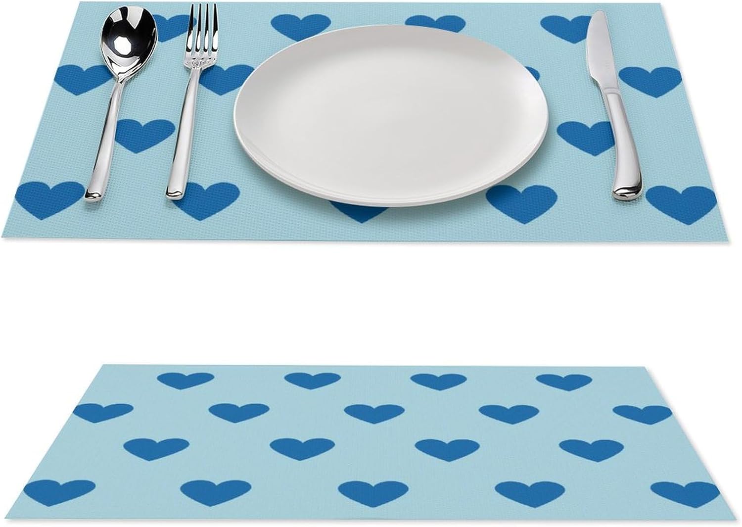 Blue Cute Simple Heart Pattern Placemat, Set of 4 Heat Resistant PVC Place Mats for Kitchen Table