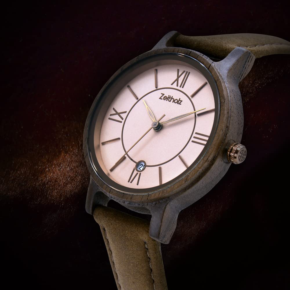 Holzuhr Damen, Armbanduhr, Lederband Blau, Analog, Quarz, Neue Rosenbach Kollektion 36mm, Naturholz mit Japanischem Quarzwerk. Eine Aussergewöhnlich Vielseitige Damenuhr