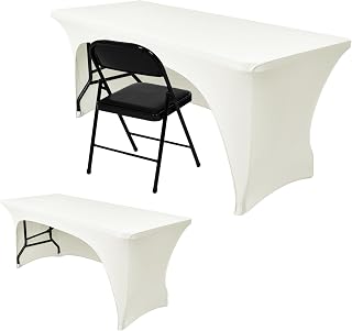Nasitos 2 Pack Beige Table Cloth 6 Foot-Spandex Fitted Tablecloth Rectangle Tables, Open Back Stretch Folding Trade Show Table Covers Fabric Washable & Wrinkle Resistant for Parties, Wedding, Event