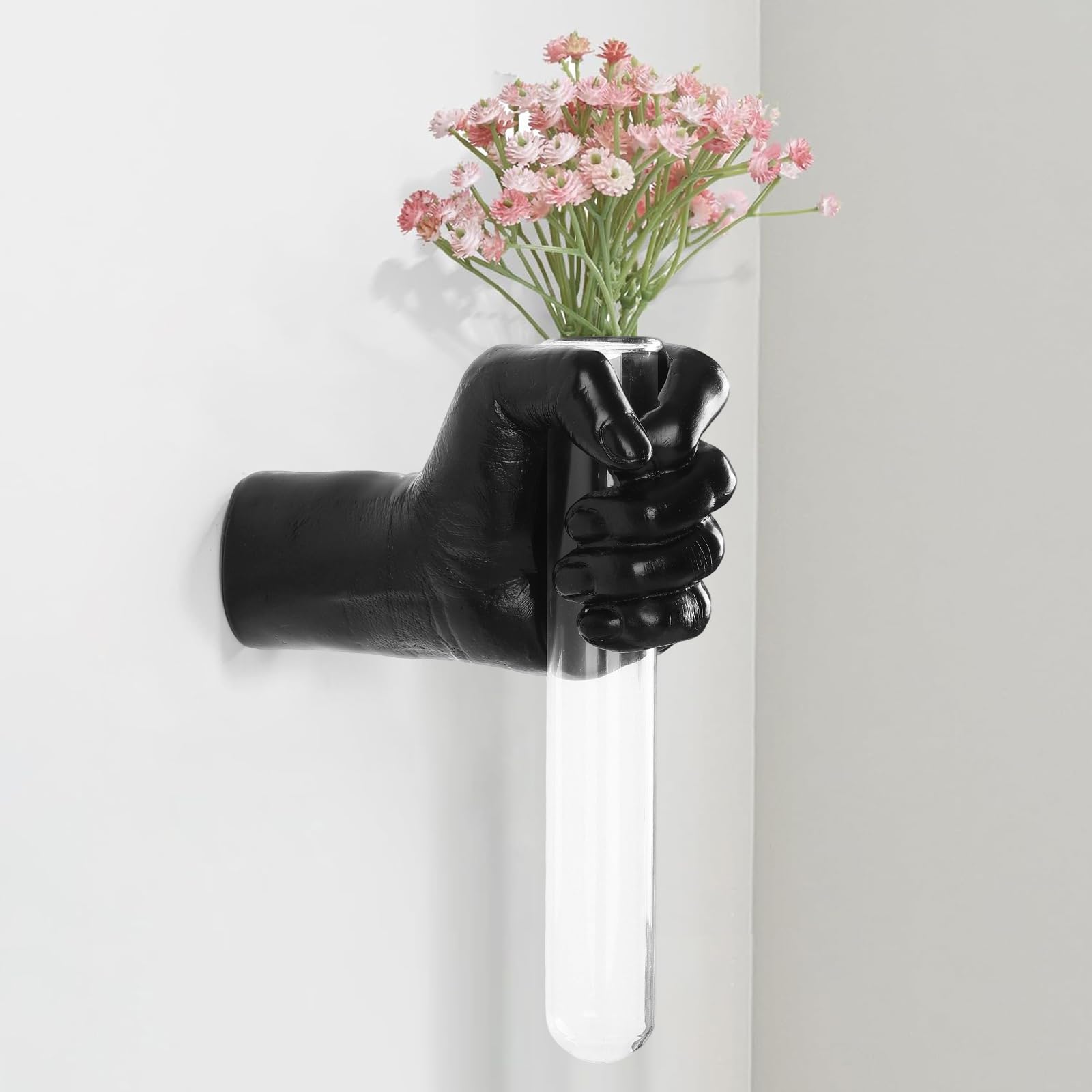 XYQXYQ Schwarze Wandskulptur mit Handvase – Einzigartige Wanddekoration aus Glas und Harz, inklusive Reagenzglasvasen, perfekt für Moderne Heimdekoration im Wohnzimmer, Schlafzimmer oder Büro