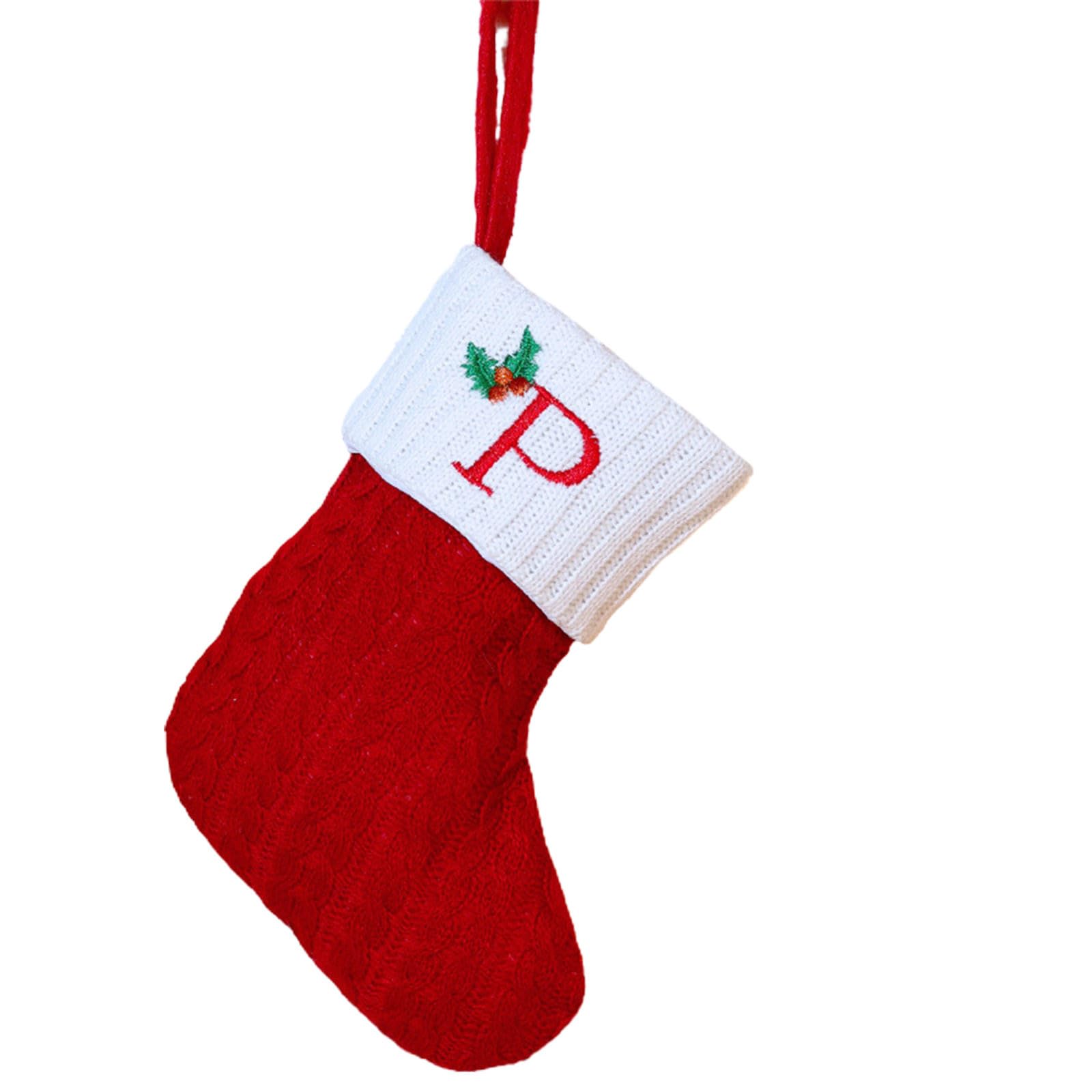8 Inch Red Monogram Christmas Stocking Mini Initial Letter P Cable Knit Stockings with White Cuffs Cute Xmas Alphabet Decorations for Home Family Fireplace Hanging Gifts DIY Decor