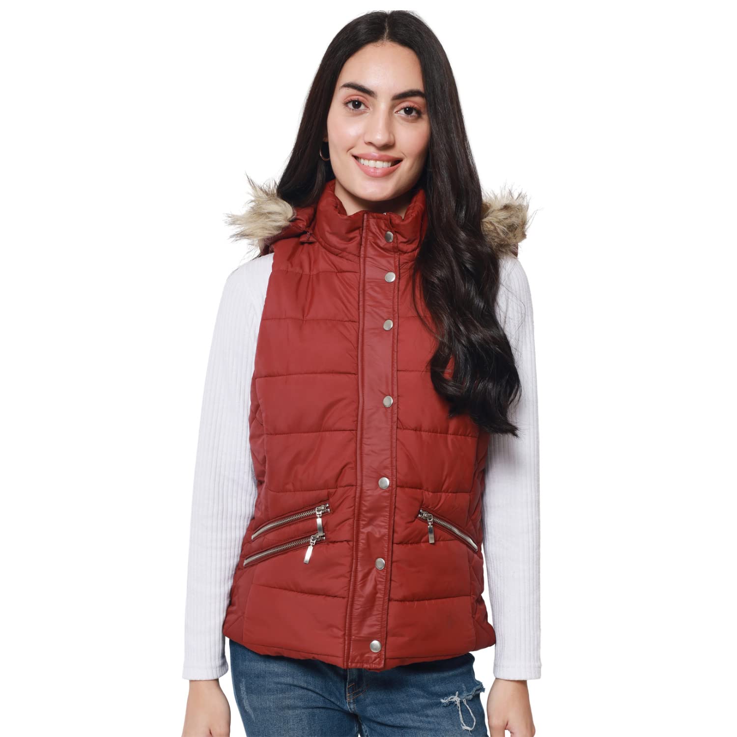 Polyester Solid Hooded Black Women Sleeveless Jackets&Coats-image-36