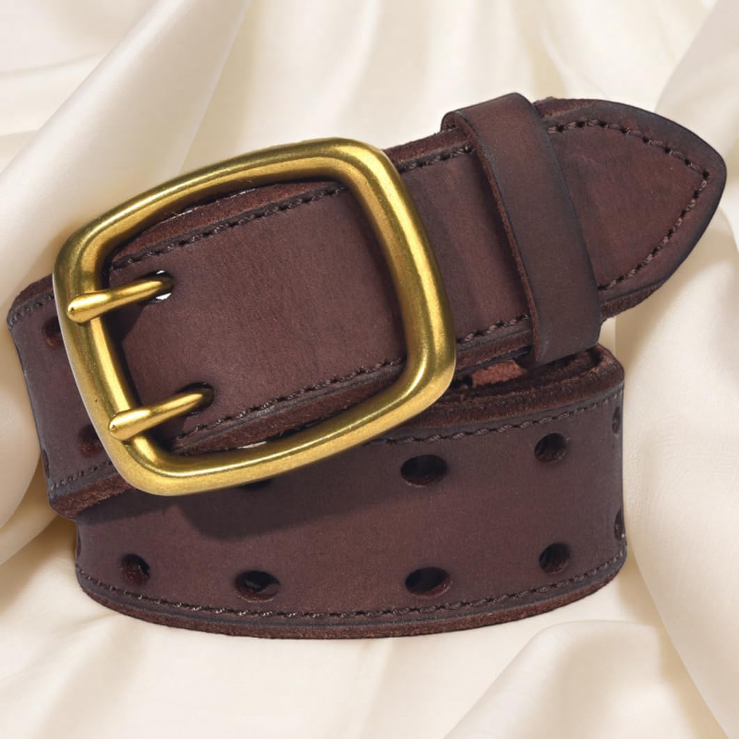 Cinturón De Cuero Unisex Con Doble Punta, Hebilla Latón Macizo, 105 Cm, Marrón