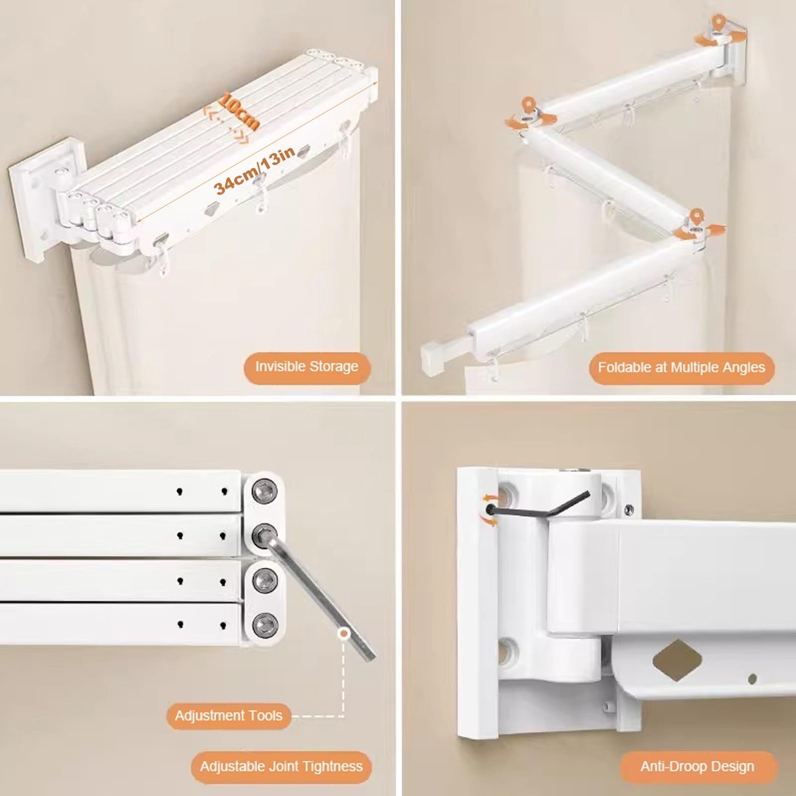 Varilla retráctil para ducha, sin taladro, ahorra espacio, resistente al agua, para baño, caravana, hotel y hogar, diseño de 3 pliegues para una fácil instalación
