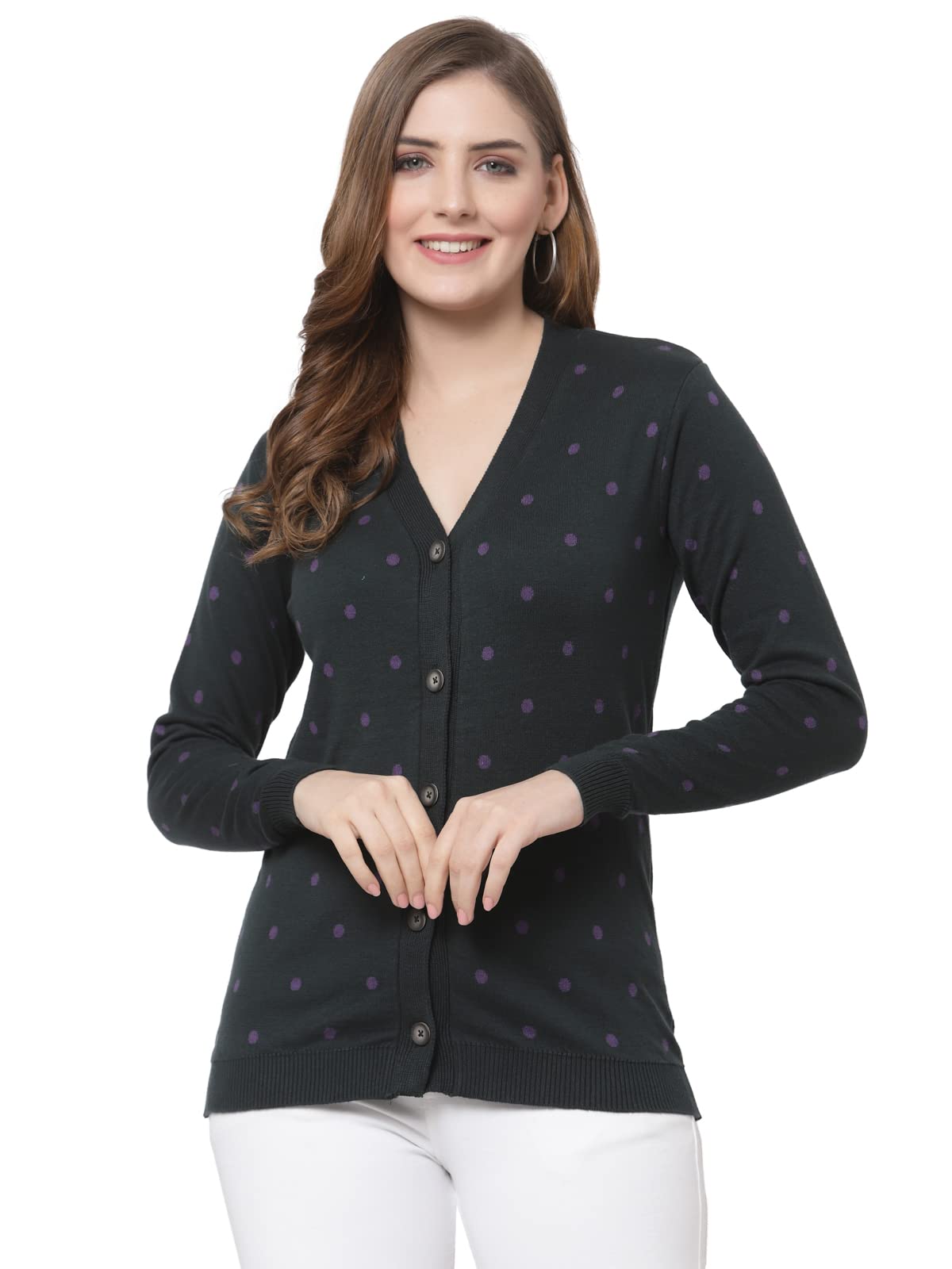 Women Full Sleeves V-Neck Cotton Cardigan Sweater-image-1