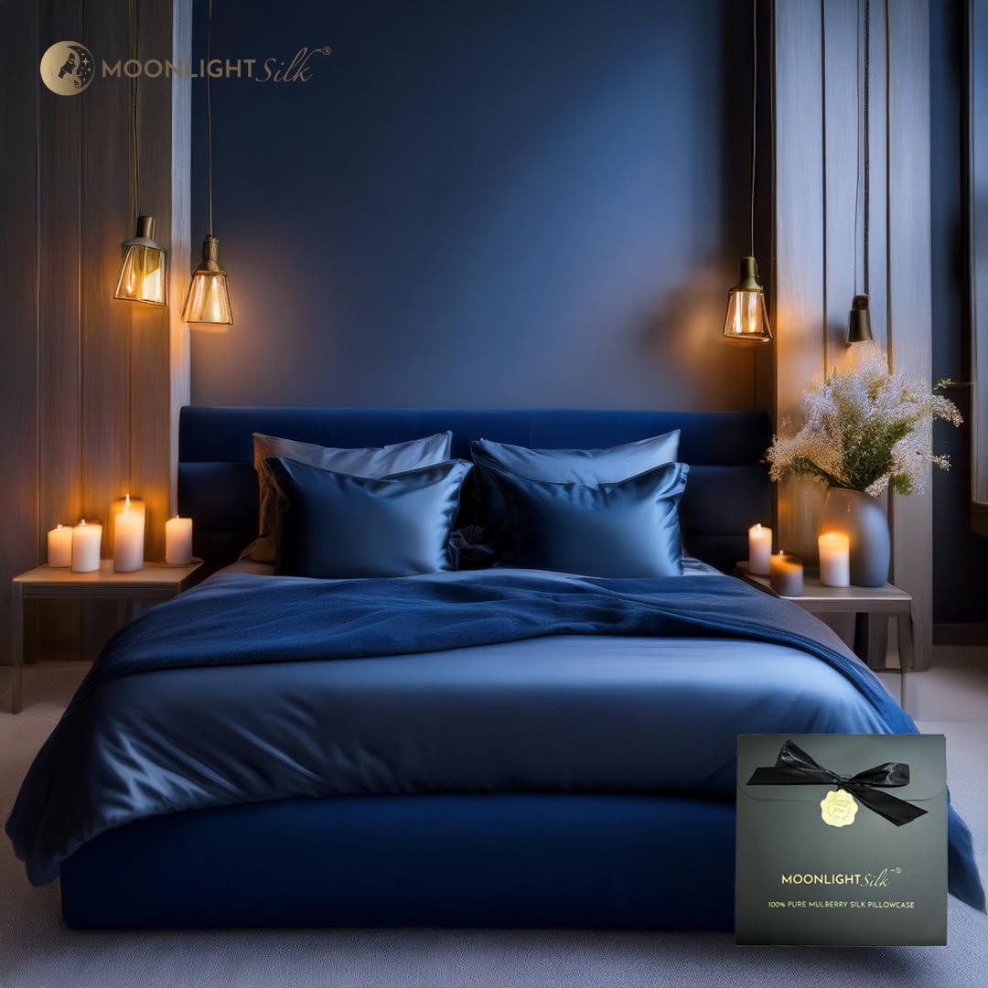 Funda de Almohada de Seda 100% 50x75 cm - 22 Momme Seda de Morera Brillante, Grado 6A, Certificada por Oeko-Tex - Piel hidratada y sin Arrugas (Azul Marino)