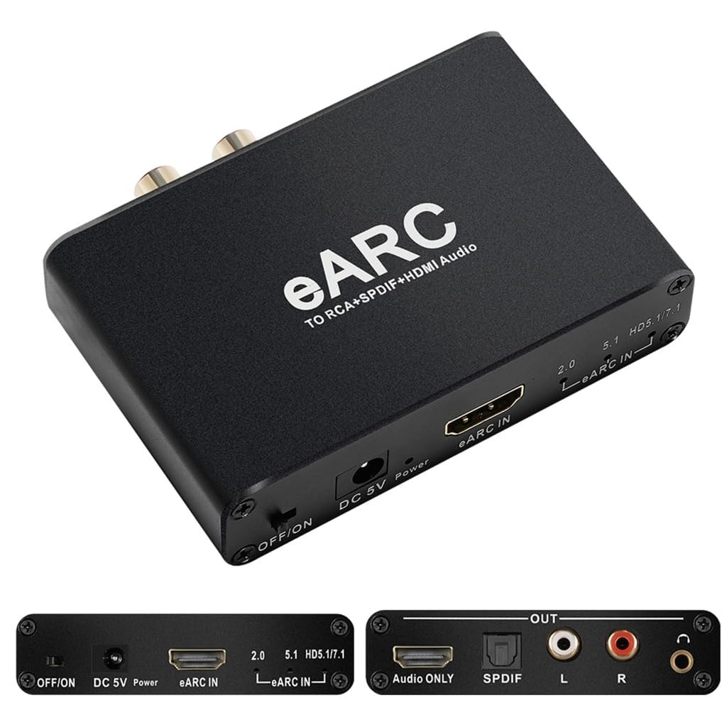 HDMI eARC ARC Audio Extractor;192Khz eARC to RCA Audio Converter Digital to Analog Adapter, R/L Optical, 3.5mm Audio TV Adapter for DTS Dolby Atoms AC3 LPCM Fiber