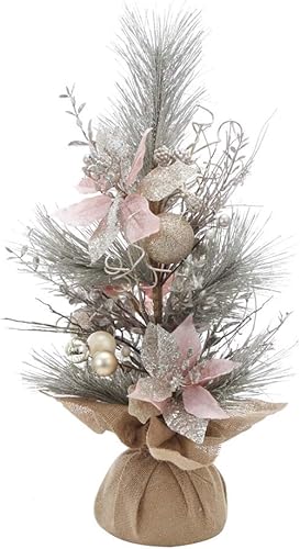 Kurt S. Adler Árbol de 24 pulgadas con flores de pascuas rosas y decoraciones doradas en base de arpillera