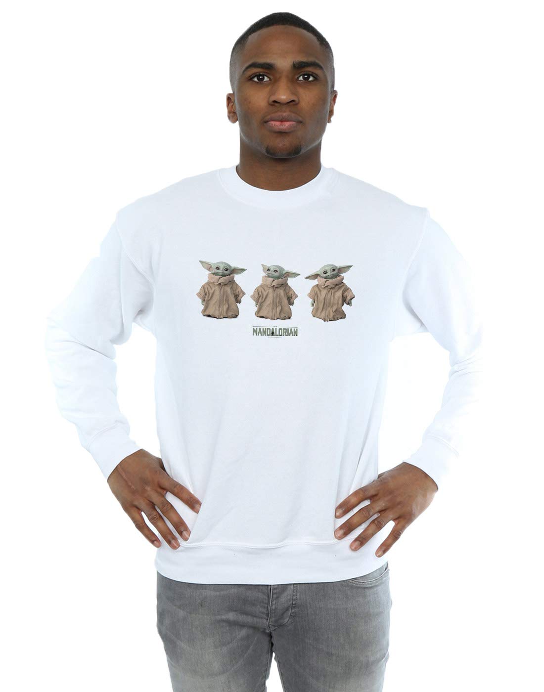 Absolute Cult Men's White Star Wars The Mandalorian The Child Poses Sweatshirt Small